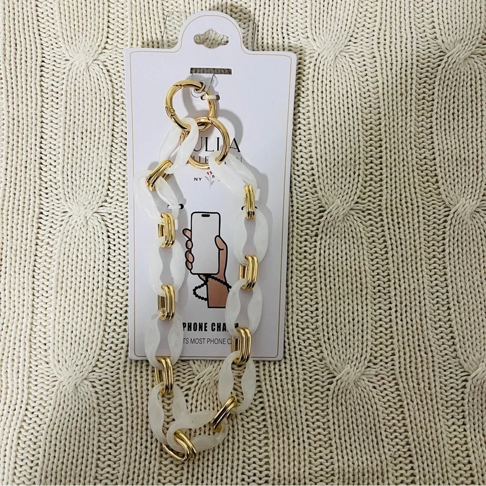 LULLA COLLECTION NEW ACRYLIC PHONE LINK CHAIN WHITE & GOLD STYLISH